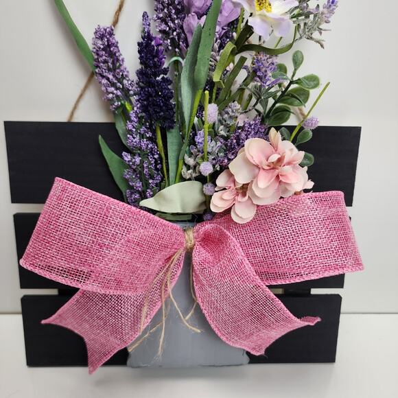 Spring Wooden Bouquet Lavender Wild Flowers Pink & Twine Bow Hanging Door Sign - Picture 2 of 6